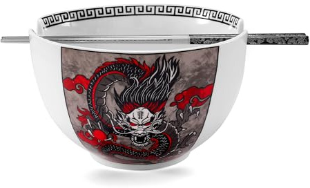 Hagary Dragon Ramen Bowl with Chopsticks Ceramic Bowl Stainless Steel Chopsticks Japanese Style Soup Bowls Housewarming Wedding Gifts Designed in Korea (With Chopsticks) (Black, 30 oz - 1pc)