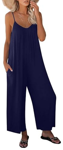 Haibang Combinaison Femme Été Sans Manches Casual Jumpsuit Chic et Élégant Bretelles Spaghetti Réglables Romper Salopette à Jambes Larges Loose Playsuit avec Poches