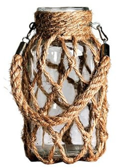 Jarrón de Cristal Colgante con Cuerda, Florero Decorativo Rústico, Florero de Cristal Hecho a Mano con Cubierta de Ratán, Florero Tejido con Cuerda con Asa, Tarro de Cristal Decorativo(16cm-8cm)