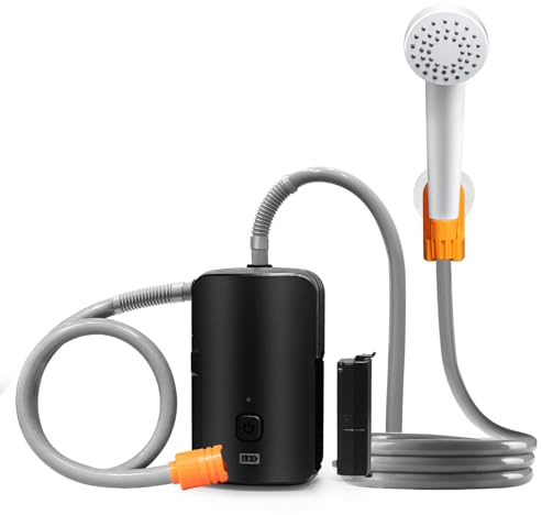 Joulli Tragbare Elektrische Duschpumpe, Campingdusche Mit Pumpe, 2 FließModi, Camping Dusche 4400mah Batterien, IPX6 Wasserdicht, FüR Camp, Outdoor, Wandern, Autowaschen, Haustier, Reisen, Strand