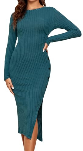 Famulily - Abito lungo elegante da donna, in tinta unita, a maniche lunghe, con scollo tondo, in maglia a costine, con spacco laterale, casual, per feste e matrimoni, S-XL, Verde, S