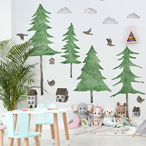 WandSticker4U®- [Aquafarben] Wandtattoo BAUM Kinderzimmer (120x90 cm) I Baby Wandsticker Baum groß Kiefer Wald Bäume Vögel Dschungel I Wandaufkleber Wanddeko Babyzimmer Mädchen & Junge XXL