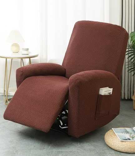 Hearda 1 Seater Jacquard Recliner Chair Cover, Recliner Slipcover for Electric Chair with Pockets, 4 Pieces Stretch Recliner Sofa Covers, Non-Slip Armchair Covers, Sofa Slipcovers Protector-Coffee