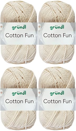 4x50 Gramm Gründl Cotton Fun Häkelgarn aus 100% Baumwolle inkl. Anleitung für Einkaufsnetz (02 Creme)