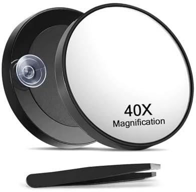 Cosmeria 40x Magnifying Mirror with Suction Cups and Tweezers Set, Cosmetic Mirror with Strong Magnification for Precise Makeup and Eyebrow Plucking 8.8 cm