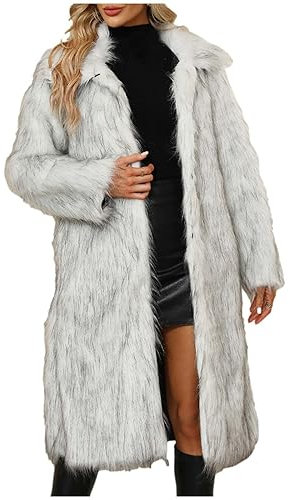Komiseup Fleecejacke Damen, Winterjacke Damen Lange Winter Pelzmantel Elegant Kunstpelz Jacke Offener Front Wintermantel Dick Plüschjacke mit Kapuze Warme Kunstfell Oberbekleidung Faux Pelz Coat 34