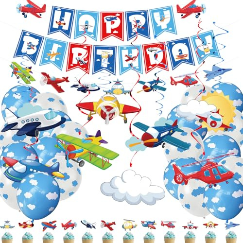 SKIRUP Airplane Theme Party Decorations, Birthday Banner Airplane Aircraft Garland Hanging Swirl, Latex Balloons Cake Cupcake Toppers for Kids Plane Theme Party Baby Shower Supplies