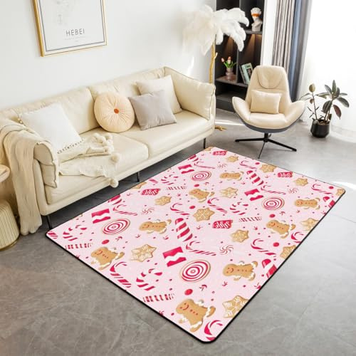 Loussiesd Rosa Frohe Weihnachten Teppich 100x150cm Lebkuchenmann Modern Teppich Weihnachten Hirsch Elch Dekor Wohnzimmerteppich Frohe Weihnachtsbaum und Schneemann Küchenteppich
