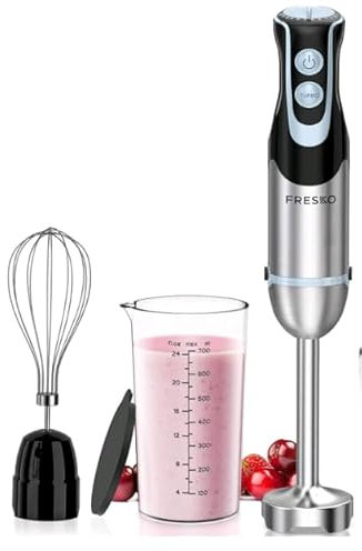 FRESKO Batidora de Mano 4 en 1, 1000 W, Acero Inoxidable, Velocidad Variable y Turbo, Incluye Picadora de 500 ml y Vaso Medidor de 700 ml, para Papillas, Sopas y Batidos, Blanco (HB3303)