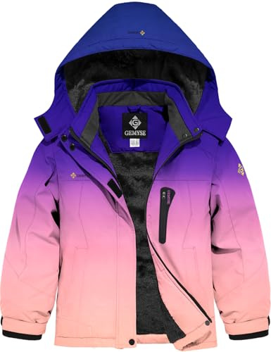 GEMYSE Mädchen Skijacke Wasserdichte Winterjacke Winddichter Fleece Schneeanzug Warm mit Kapuze für Aktivitäten im Freien(Lila Sterne,128-134)