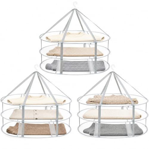 Jucoan 3 Pack 3-Tier Folding Mesh Clothes Hanging Dryer, Windproof Large Laundry Drying Rack, Lay Fold to Flat Foldable Clothes Drying Hanger Basket for Underwear, Toy, Socks, Outdoor Indoor