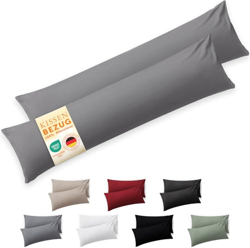 Blumtal Kissenbezug Seitenschläfer - 40 x 145cm, 2 Stück - Oeko-TEX zert. Seitenschläfer Kissenbezüge mit umgeschlagenem Rand extra weich & waschmaschinenfest - Kopfkissen - Bezug Kissen Grau