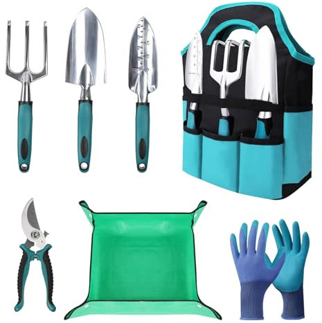 Garden Tools, Gardening Tool Set with Non-Slip Handles, Lightweight Aluminum Alloy Rust-Proof Gardening Hand Tools with Gloves Ideal Gardening Tools Gifts for Women and Men (7 pcs)