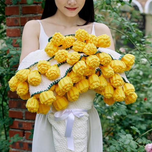 vctops Flower Bouquet Knitted Throw Blanket, Cute Roses Bouquets Handmade Crochet Round Blankets, Yellow Roses Soft Small Throws Gifts for Girls, Women, Wife (Yellow,Diameter 43)