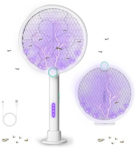 PATEMZON Racchetta Zanzare Elettrica 4000V, Ricaricabile USB 1200mAh Racchetta Zanzare Elettrica Pieghevole, con Base e Lampada UV, Protezione Maglia a 3 Strati Adatto per Casa Giardino Campeggio