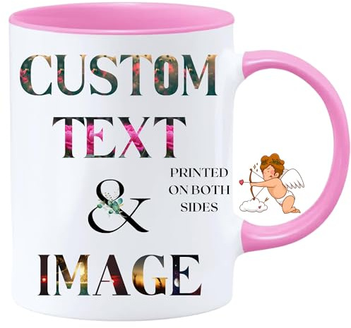 Tasse personnalisée – n'importe quel texte, design, image ou logo | Tasses personnalisées en céramique de 325 ml | Cadeau personnalisable pour homme, femme, amis et famille (rose)