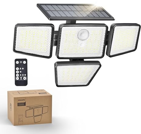 Philips Solarlampen für Außen mit Bewegungsmelder, 196 LED mit PIR-Bewegungsensor, 3 Modi, 4 Verstellbare Lampenköpfe, Solarbetriebene Außenleuchte mit Fernbedienung, IP65 Wasserdicht (1 Stück)