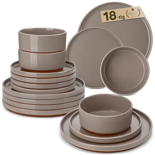 MALACASA Assiettes Service de Table 6 Personnes, 18 Pièces Set Vaisselle avec Assiettes Plates, Bols à Céréales, Lavable au Lave-vaisselle et Micro-ondes, Marron - Série LEAH