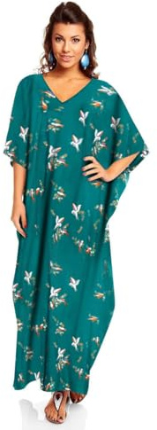 Looking Glam New Ladies Plus Size Maxi Bird Print Tunic Kaftan Dress, Teal, 24-28