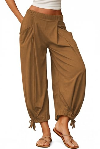 IQSQSQ Women Wide Leg Cotton Harem Pants Elastic Waist Balloon Lounge Beach Trousers with Pockets(Brown-S)