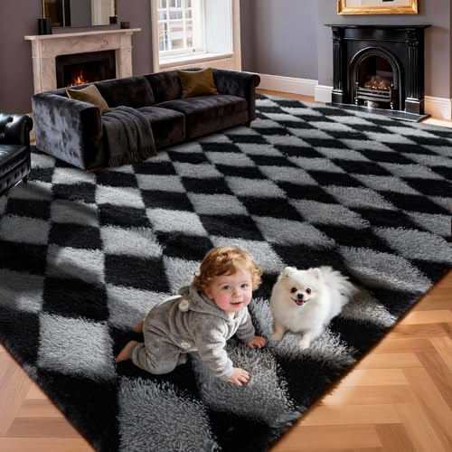 LZNIOZ Checkered Rug for Living Room – 160x230cm Black and Grey Large Shaggy Rug – Ultra Soft Fluffy Area Rug, Non-Shedding with Anti-Slip Backing, for Bedroom, Kids & Nursery Room