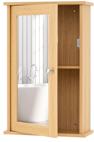 GIANTEX Hängeschrank mit Spiegel, Spiegelschrank Wandschrank eintürig, Badschrank Badezimmerschrank mit verstellbarem Einlegeboden & 2 Fächern, 34x15x53 cm (Natur)