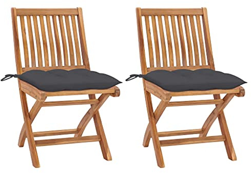 Emmtore 2X Teak Massiv Gartenstuhl mit Anthrazit Kissen Klappbar Holzstuhl Stuhl Stühle Klappstuhl Gartenstühle Terrasse Balkon Gartenmöbel