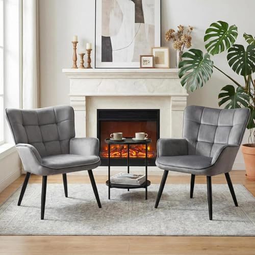Ckaff 2er Set Ohrensessel Sessel Wohnzimmer, Skandinavischer Stil Ohrensessel aus Samt, Schminktisch Stuhl Esszimmerstuhl, Loungesessel Polstersessel fürs Wohnzimmer Schlafzimmer, Grau