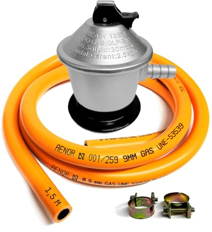 Cia&Co Kit Regulador Gas Butano 30 mbar Homologado + Manguera 1,5 m / 3 m / 5 m y Abrazaderas – Regulador para Bombonas de Gas en Cocinas, Camping, Hornillos, Barbacoas y Paelleros. (Classic - 1,5 m)