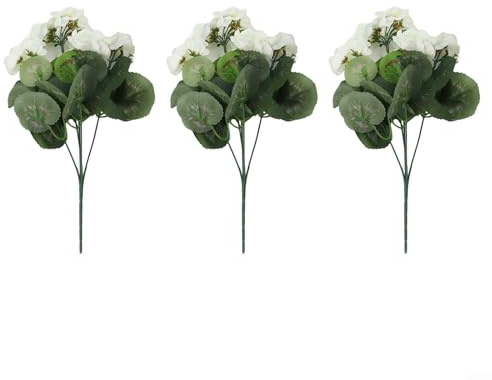 Para geranios artificiales para exteriores e interiores, 3 paquetes de flores de seda de 14 pulgadas, arreglo personalizable para cualquier espacio (blanco)