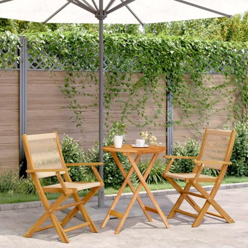PUGYNBK 3-TLG. Bistro-Set aus massivem Akazienholz und Beige Polypropylen, klappbarer Gartentisch mit 2 Stühlen für Garten, Balkon oder Terrasse, bis 110 kg pro Sitzplatz