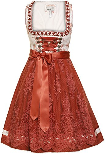 MarJo Dirndl Bernisa Creme Koralle 58er Länge Spitze Jugendstil Blumenmuster (Creme/Koralle, 40)