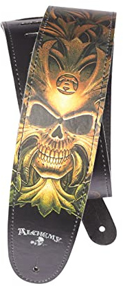 Planet Waves D'Addario Leder-Gitarrengurt – Alchemy Gothic Kollektion – Verstellbare Gurte kompatibel mit E-Gitarren, Akustik- und Bassgitarren - Green Skull
