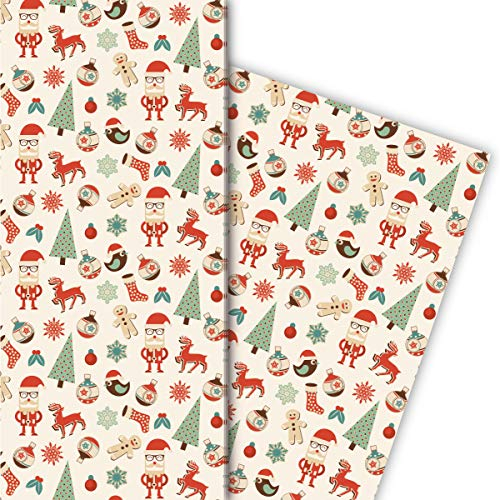 Retro Vintage Weihnachtspapier mit Vintage Hirschen, Baumschmuck als klassische Geschenkverpackung um schön zu schenken, 32 x 48cm zum Weihnachtsfest