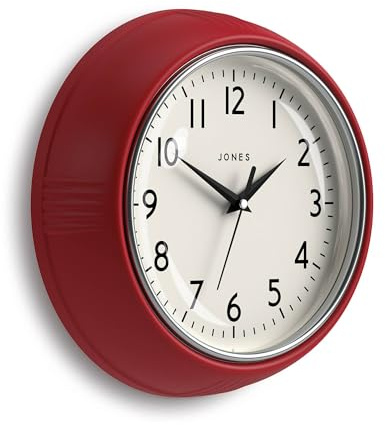 JONES CLOCKS® Ketchup Wanduhr | Runde Retro-Diner-Uhr | 25 cm | Rot | Ideal für küche, Wohnzimmer, büro oder Schlafzimmer | Leicht lesbare Zahlen