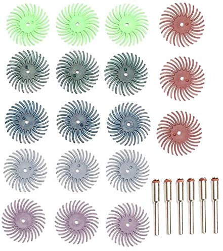 Bestgle 18 Piezas de Discos de Cerdas Radiales Cepillo Abrasivo Rueda Rebabas Mezclado Grano Pulido Almohadilla con 6 Mandriles 3mm para Pulir Moldes de Madera, 80/120/220/400/600/1000