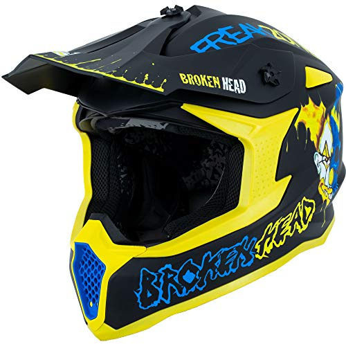 Broken Head FreakZone Motocross-Helm Blau-Gelb – Cross-Helm – MX – Quad – Supermoto (XL 61-62 cm)