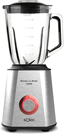 Solac - Frullatore Beauty and the Beast, 1300 W, Caraffa in vetro da 1,5L, Lavabile in lavastoviglie, 2 velocità con TURBO, Robot da cucina professionale a 6 lame, Tritaghiaccio, Acciaio inox