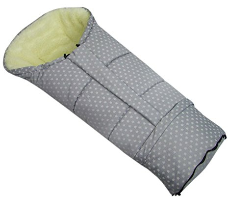 BAMBINIWELT Winterfußsack MUMIE MELIERT Sterne – universaler Fußsack aus Lammwolle für Kinderwagen, Buggy & Schlitten – Wasser- & windabweisend, größenverstellbar (90-110 cm) (hellgrau)