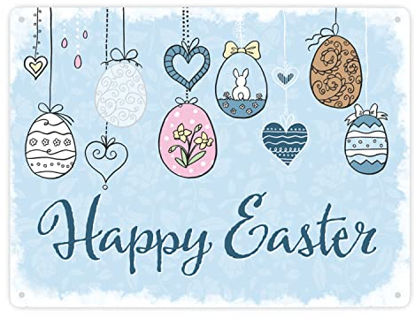 Happy Easter Ostern Metallschild XXL in 28x38 cm mit Ostereier-Motiv in hellblau als schöne Frühlings- oder Osterdekoration für Haus und Garten und um deinen Besuch willkommen zu