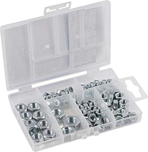 Connex Assortimento di dadi esagonali, 150 pezzi, in set (M3, M4, M5, M6, M8, M10), zincati, in pratica scatola di plastica, dadi di sicurezza, scatola di assortimento, DP8500112