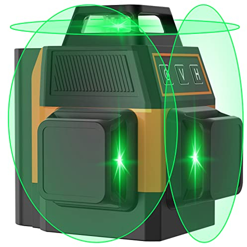 OMMO 3 x 360° Kreuzlinienlaser Grün, selbstnivellierender Linienlaser, 2 x wiederaufladbare Batterie (Typ-C Ladeanschluss), Genauigkeit: ± 0,2 mm/m, IP54 Wasserschutz, Schutztasche, Magnethalterung.