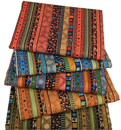 Glorlliant 5 Stück/Set Bunte Druck Stoffe Muster ethnischen Stil Gestreift Handgemachte Patchwork-Set Weich Atmungsaktiv DIY Gedruckt Stoff 50 x 50 cm