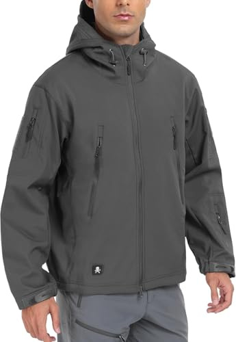 Aosyax Herren Softshell-Jacken, Militärisch, Taktisch, Wasserdicht, für Camping, Jagd, Angeln, Outdoor, Kapuzenjacke Grau M