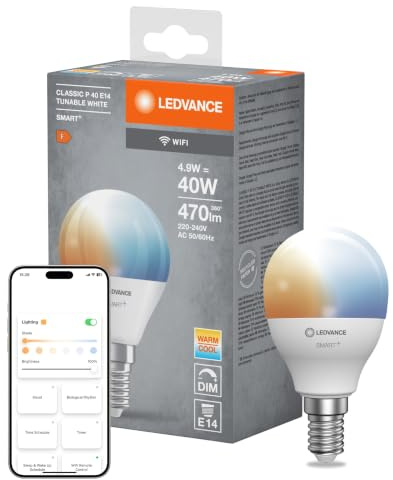 LEDVANCE Smarte LED-Lampe mit WiFi Technologie, Sockel E14, Dimmbar, Lichtfarbe änderbar (2700-6500K), ersetzt Glühlampen mit 40 W, SMART+ WiFi Mini Bulb Tunable White, 1er-Pack