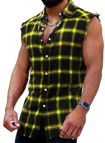 Camisa sin mangas para hombre, a cuadros, sin mangas, corte regular, camisa de franela, camisa de algodón, camiseta de verano, camiseta de manga larga, camiseta de ocio, camisa de vestir, A: Amarillo