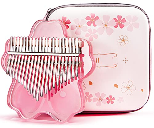 21 Tasten klar Kalimba Daumenklavier Komplettpaket, Sakura Shape Transparent Crystal Kalimba 17 Key mit EVA-Schutzhülle, Professionelle Musikinstrumente (PINK21KEYS)