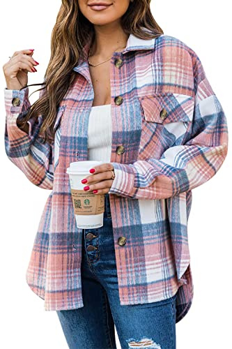 Jhsnjnr Camicie da donna in flanella a quadri oversize a maniche lunghe scozzese con bottoni giacche shacket, Rosa-Plaid, S