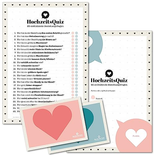 Hochzeitsquiz für Gäste – Hochzeitsspiel mit 50 Karten zum Ausfüllen – Lustige Fragen über das Brautpaar – Unterhaltung für die Hochzeitsfeier – Spielidee für Trauzeugen, Freunde & Familie
