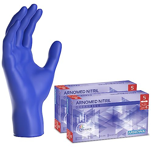 ARNOMED gants jetables bleu océan, gants nitrile taille S, gant jetable 200 pièces (2 boîtes), gants en nitrile non poudrés & sans latex, gants jetable cuisine, gants a usage unique en S, M, L & XL